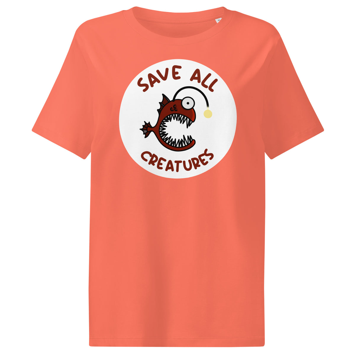 Korallfarbenes Damen-T-Shirt: Froschfisch-Print im Kreis, „Save All Creatures“