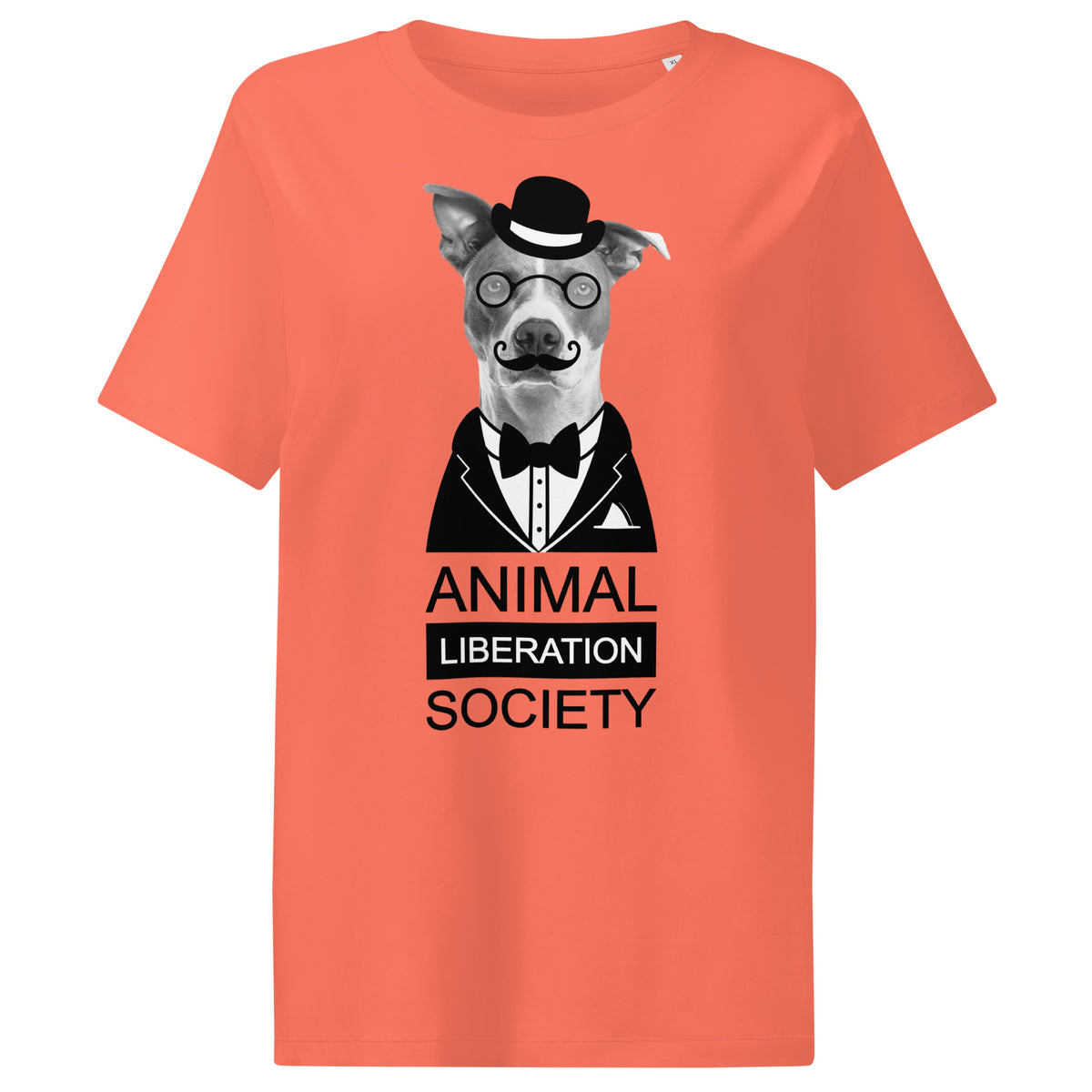 Korallenfarbenes Damen-T-Shirt mit Mr. Dog-Motiv und Schriftzug „Animal Liberation Society“