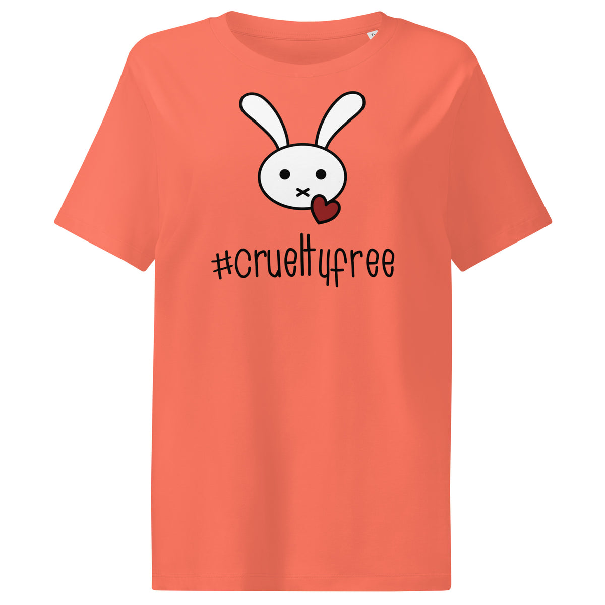 Korallenrotes Damen-T-Shirt mit Hase-Illustration und Hashtag #crueltyfree vorn