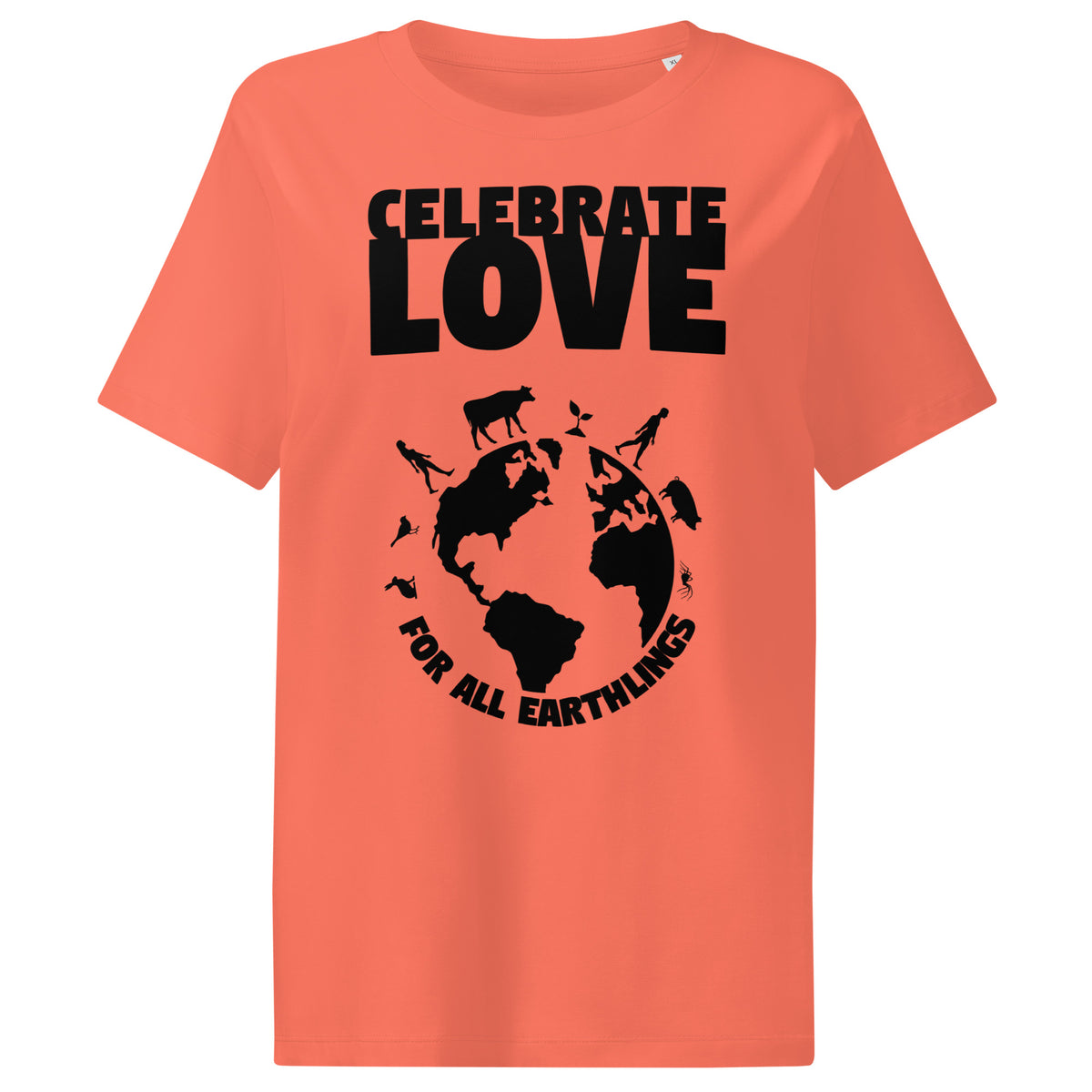 Damen-T-Shirt in Korallrosa mit „CELEBRATE LOVE“-Weltmotiv, Rundhalsausschnitt
