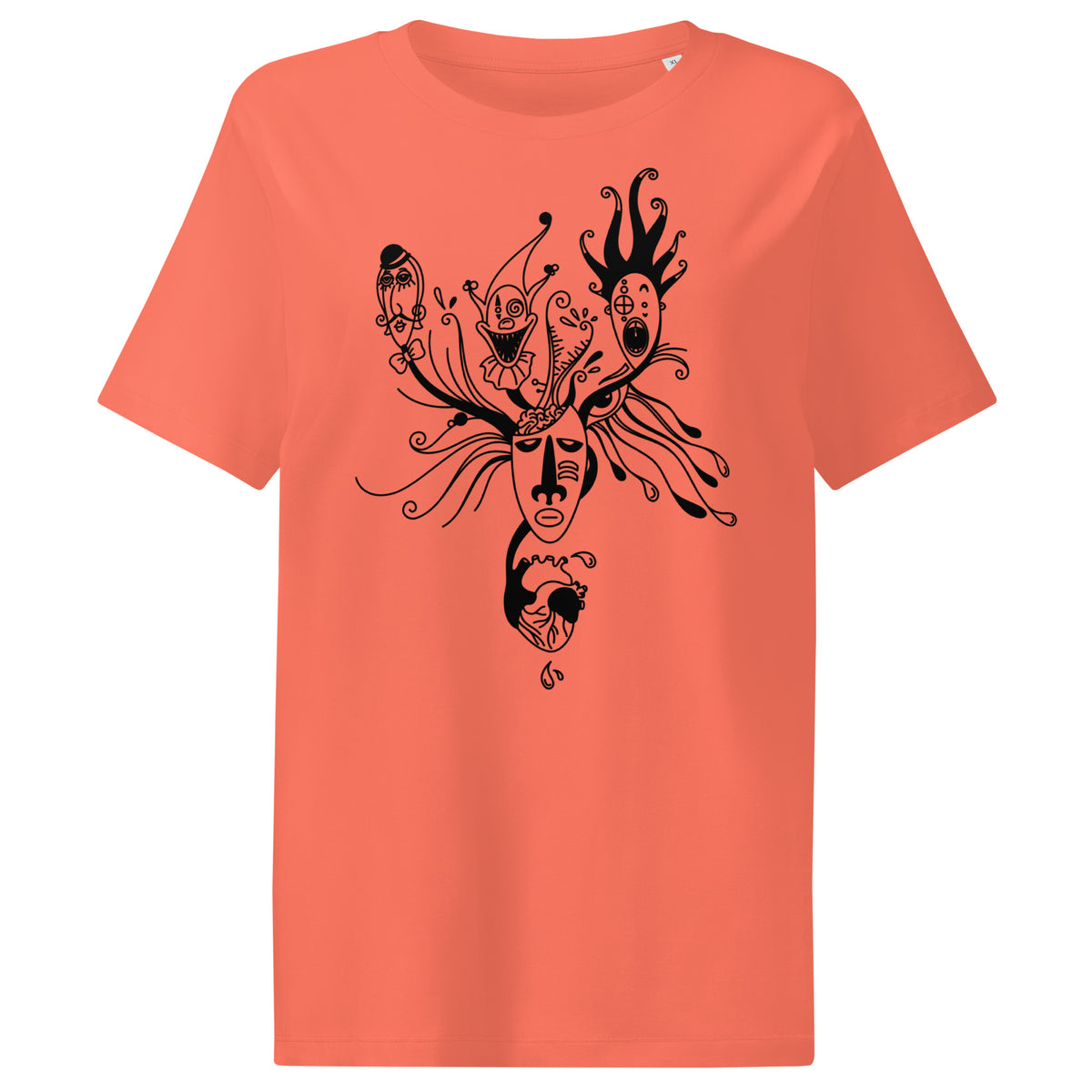 Korallfarbenes Damen-T-Shirt mit schwarzem Masken-Illustrationsmotiv auf der Brust