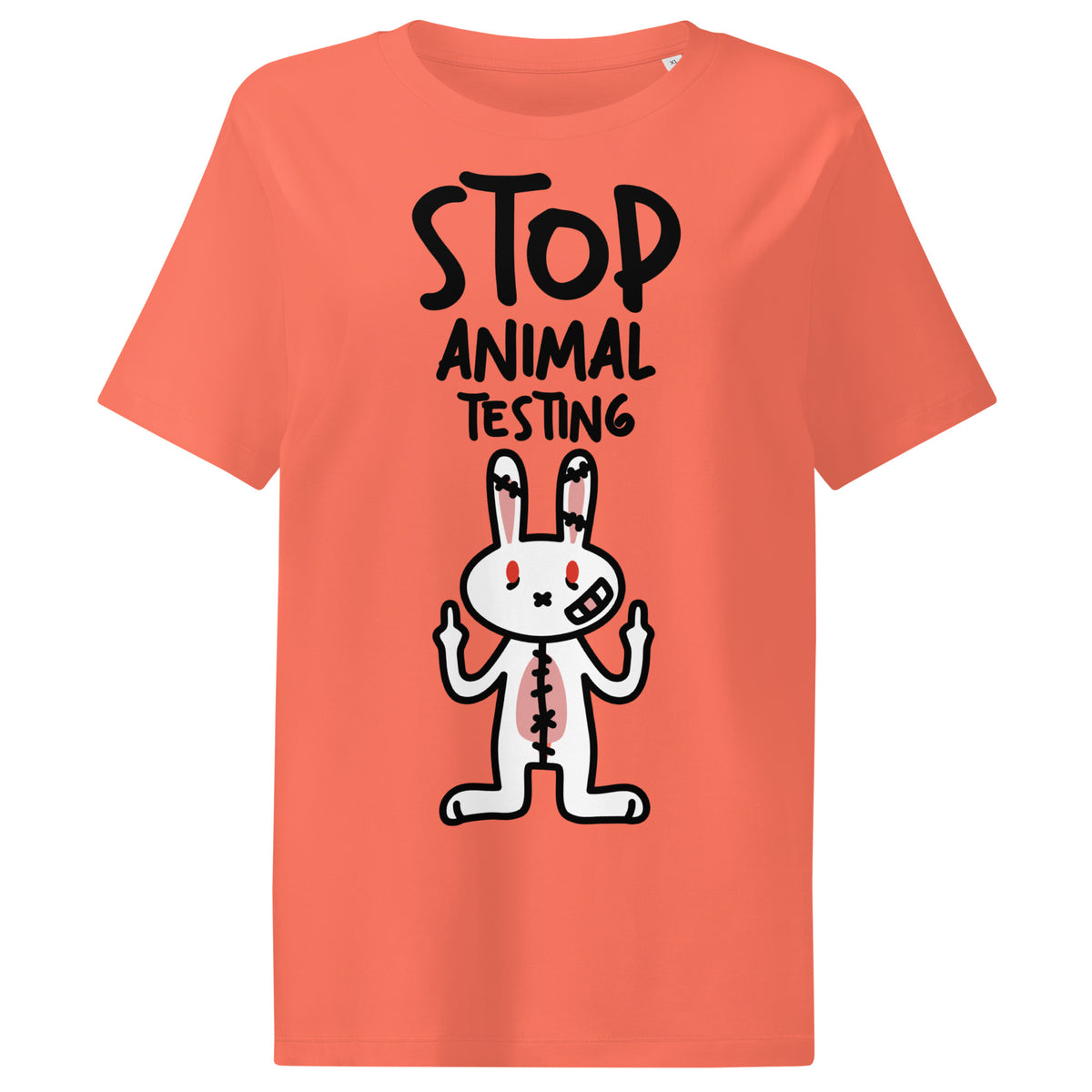 Damen-T-Shirt in Korallrot mit Aufdruck „STOP ANIMAL TESTING“ und Hase