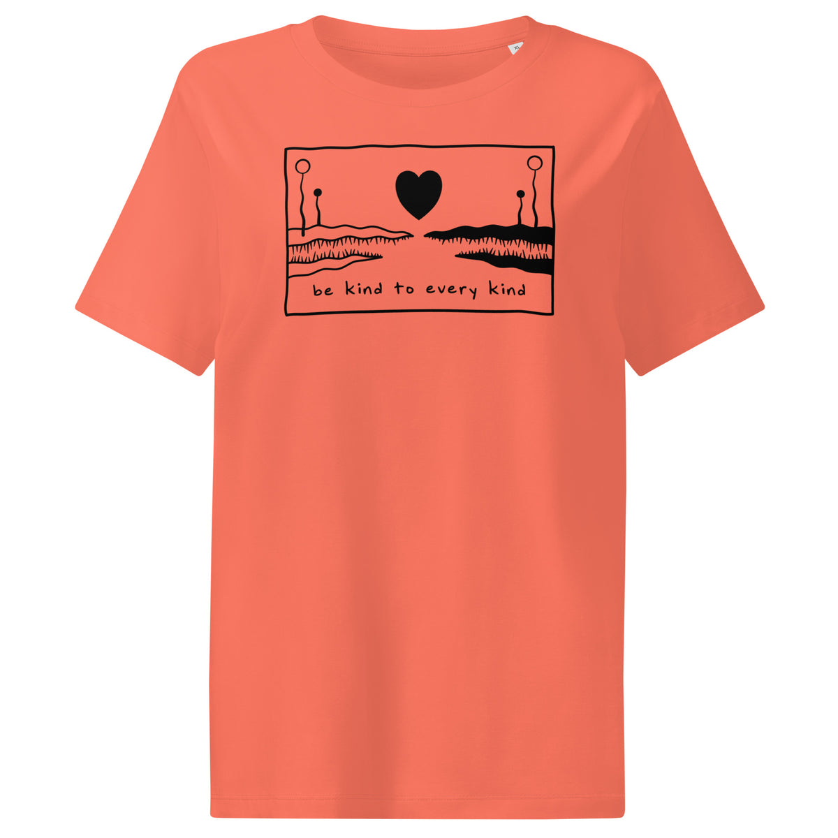 Damen-T-Shirt in Koralle mit Frontmotiv und Schriftzug „Be kind to every kind“