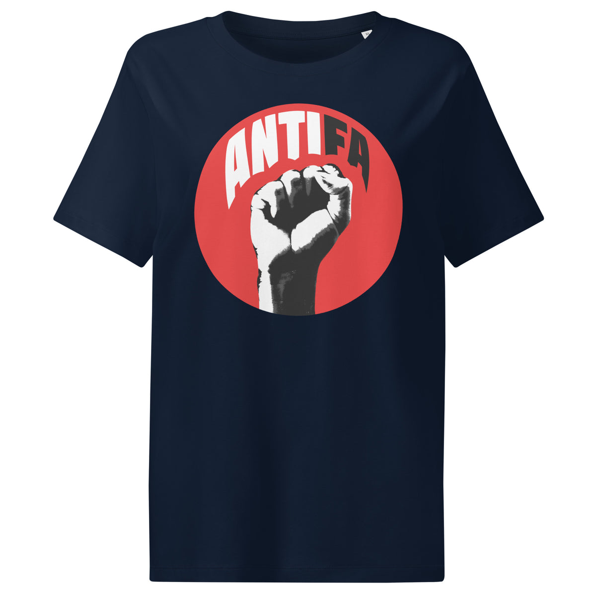 Damen-T-Shirt French Navy, rundes ANTIFA-Logo mit Faustdruck