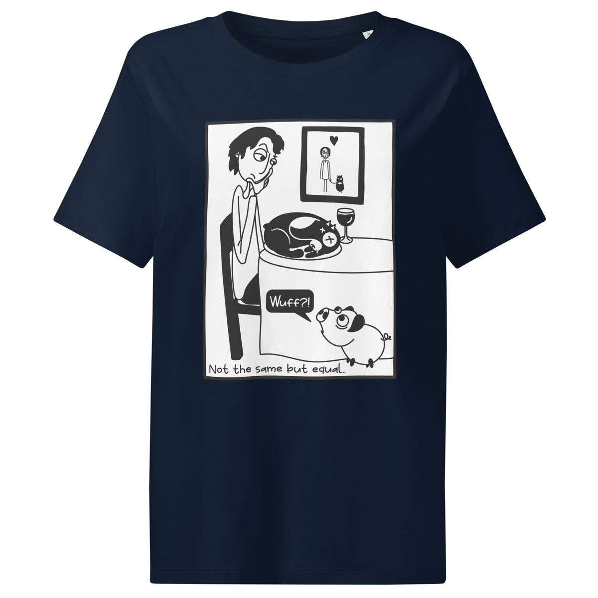 Damen-T-Shirt French Navy mit großem Comic-Motiv „Nicht the same but equal“.