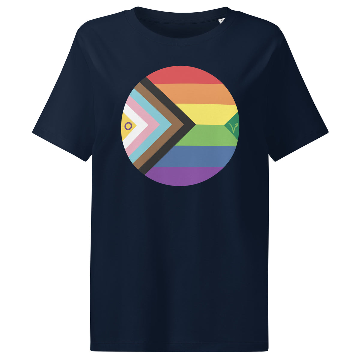 Veganes Bio Damen-T-Shirt, dunkelblau, mit großem rundem Regenbogen-Brustmotiv