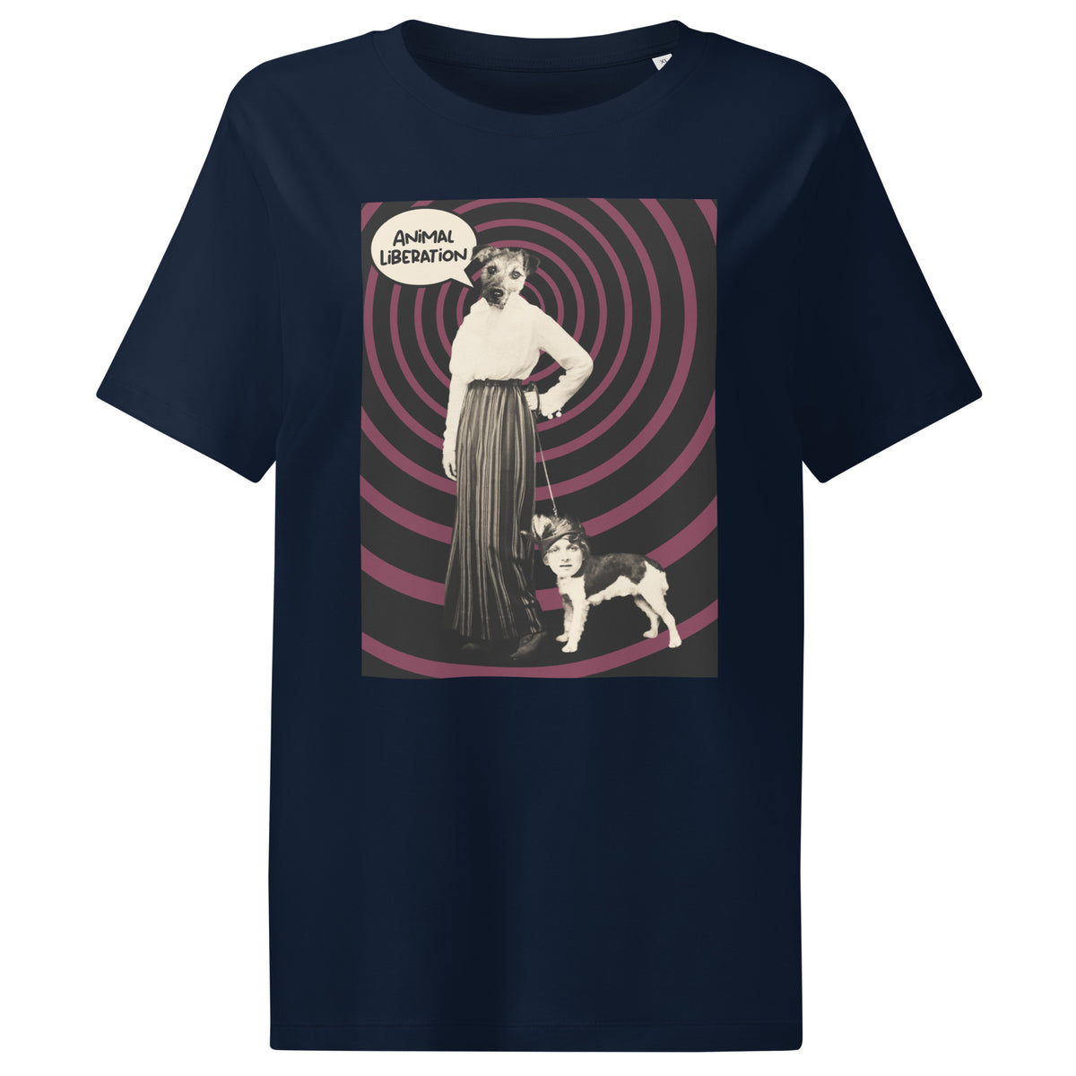 Damen-T-Shirt French Navy mit großem Print „Animal Liberation“ (Hund & Figur)