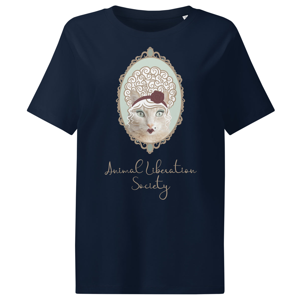Dunkelblaues Damen-T-Shirt mit Katzenporträt und Schriftzug „Animal Liberation Society“