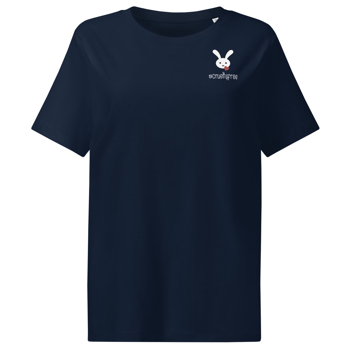 Dunkelblaues Damen-T-Shirt mit rundem Ausschnitt, Hasenmotiv und #createfree-Print
