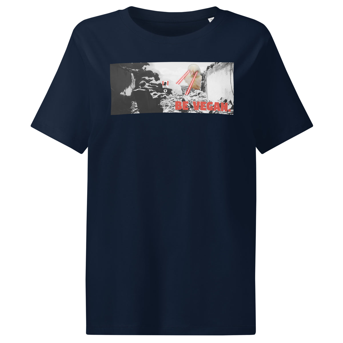Damen-T-Shirt in Dunkelblau mit großem Frontprint „BE VEGAN“ im Rechteckmotiv