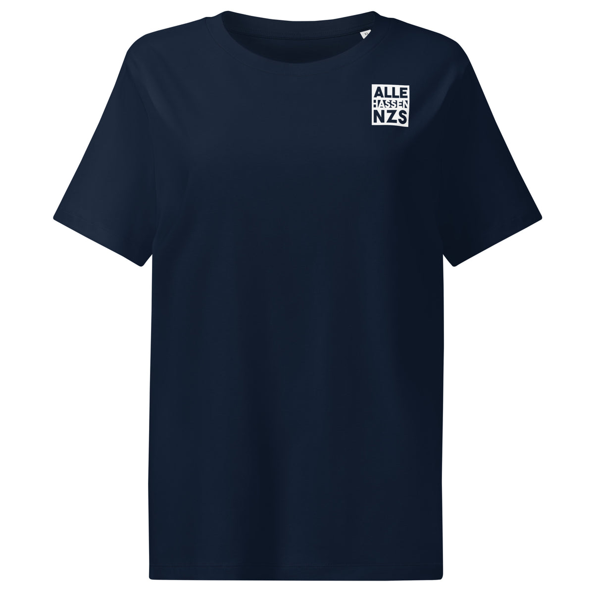 Damen-T-Shirt aus dunkelblauem Stoff mit Rundhalsausschnitt und kleinem Brustaufdruck
