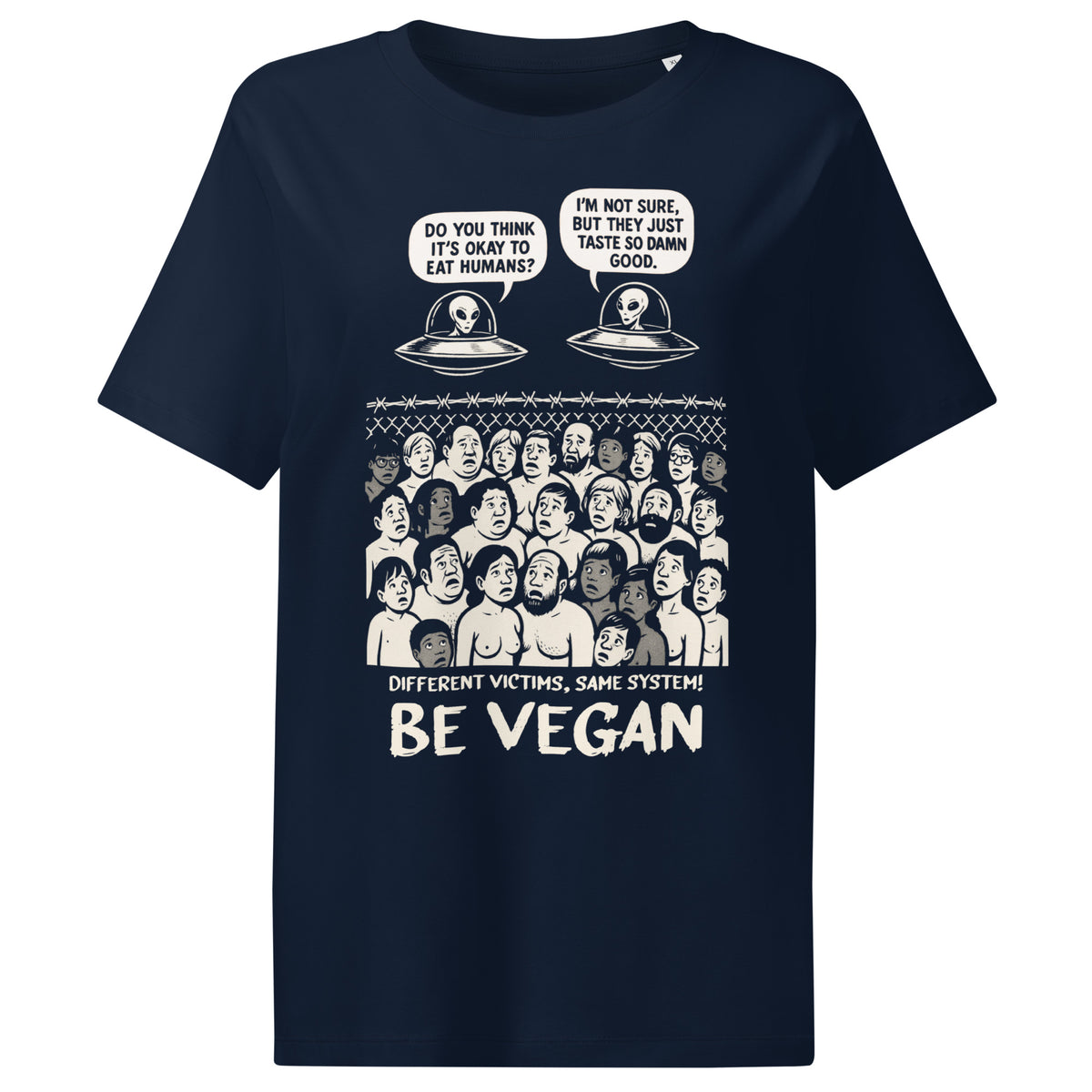 Dunkelblaues Damen-T-Shirt mit großem Frontprint „BE VEGAN“ und Alien-Karikaturen
