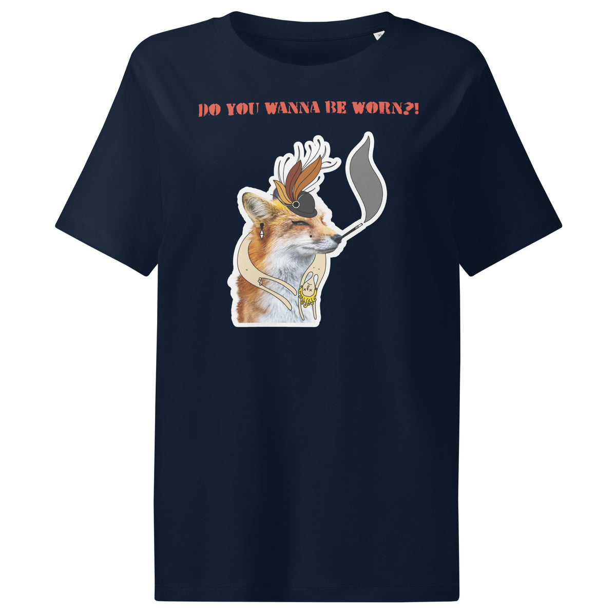 Dunkelblaues Damen-T-Shirt mit Fuchs-Comicprint und „DO YOU WANNA BE WORN?!“
