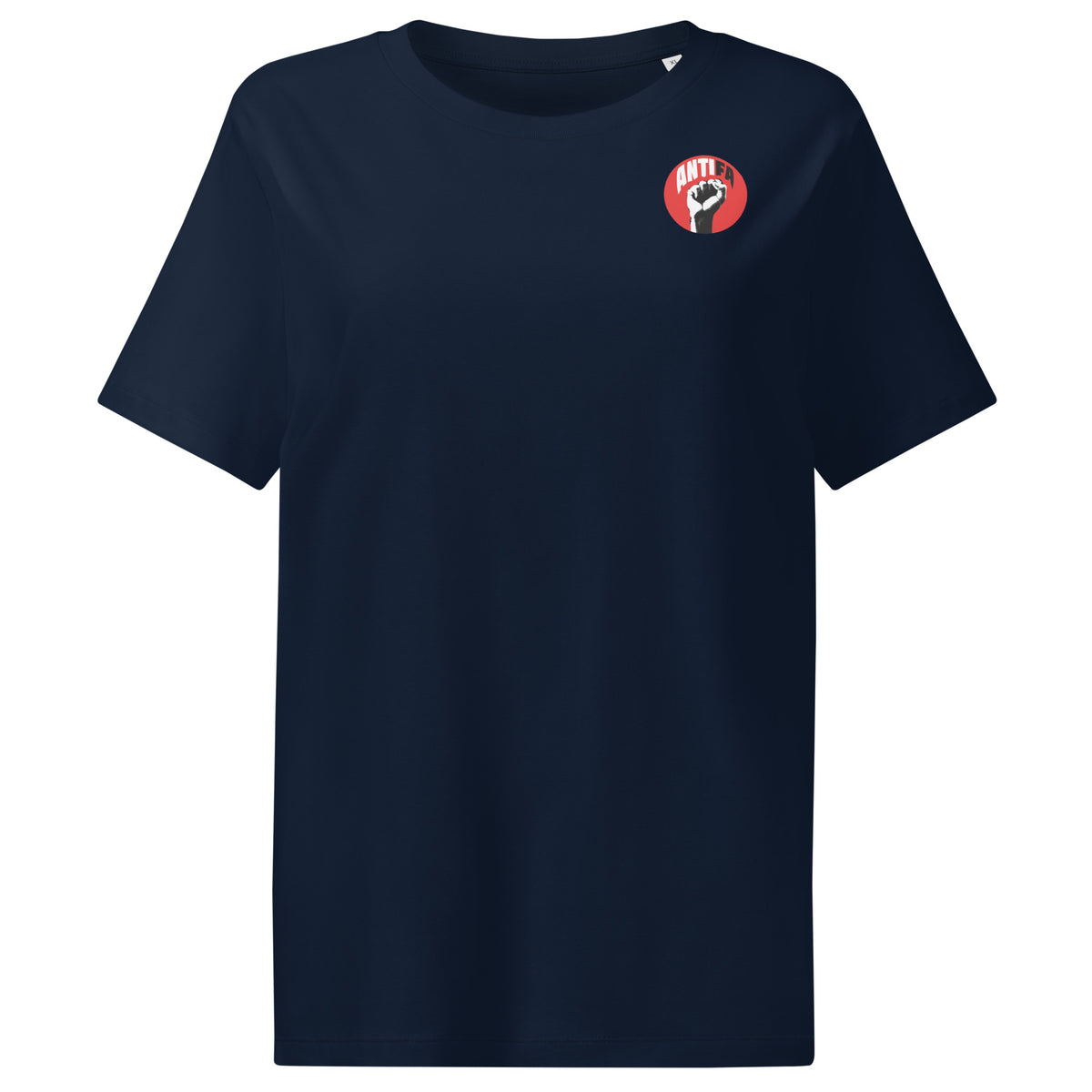 Damen-T-Shirt, dunkelblau, Rundhalsausschnitt, kleiner ANTIFA-Aufnäher vorn