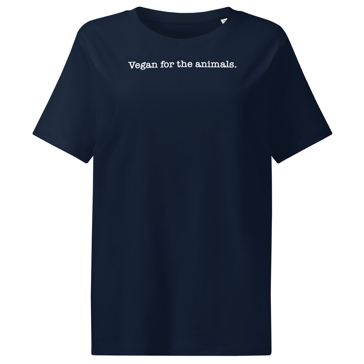 Damen-T-Shirt, dunkelblau, Rundhalsausschnitt, kurzer Ärmel, Aufdruck „Vegan for the animals.“
