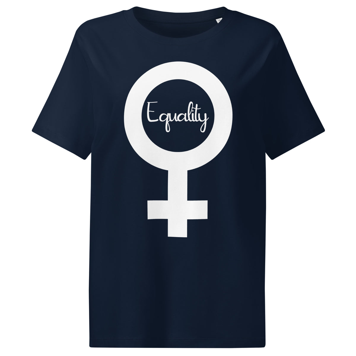 Dunkelblaues Damen-T-Shirt mit weißem Kreis-Symbol und Schriftzug „Equality“