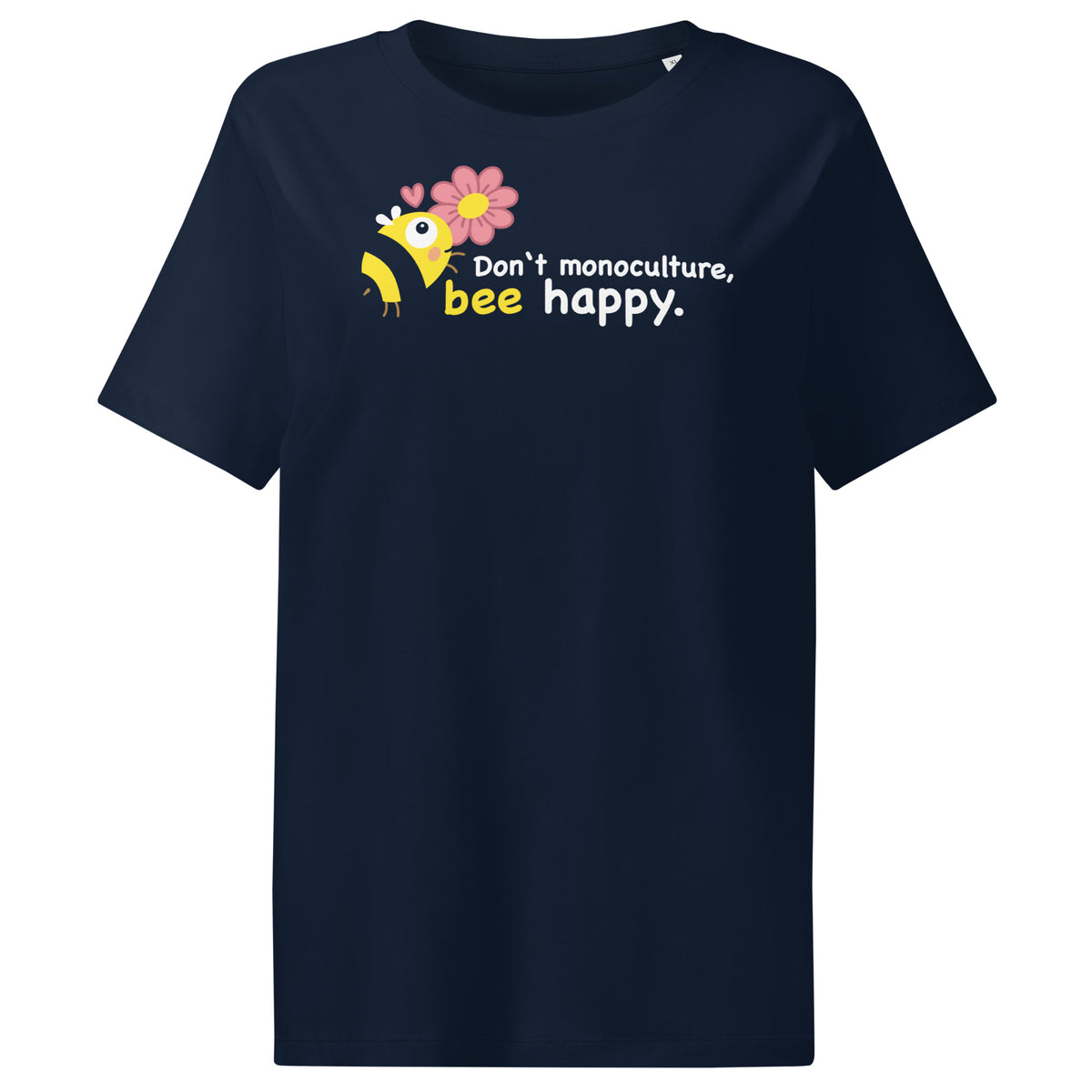 Damen-T-Shirt in Dunkelblau mit Bienen-Print und Schriftzug „bee happy“