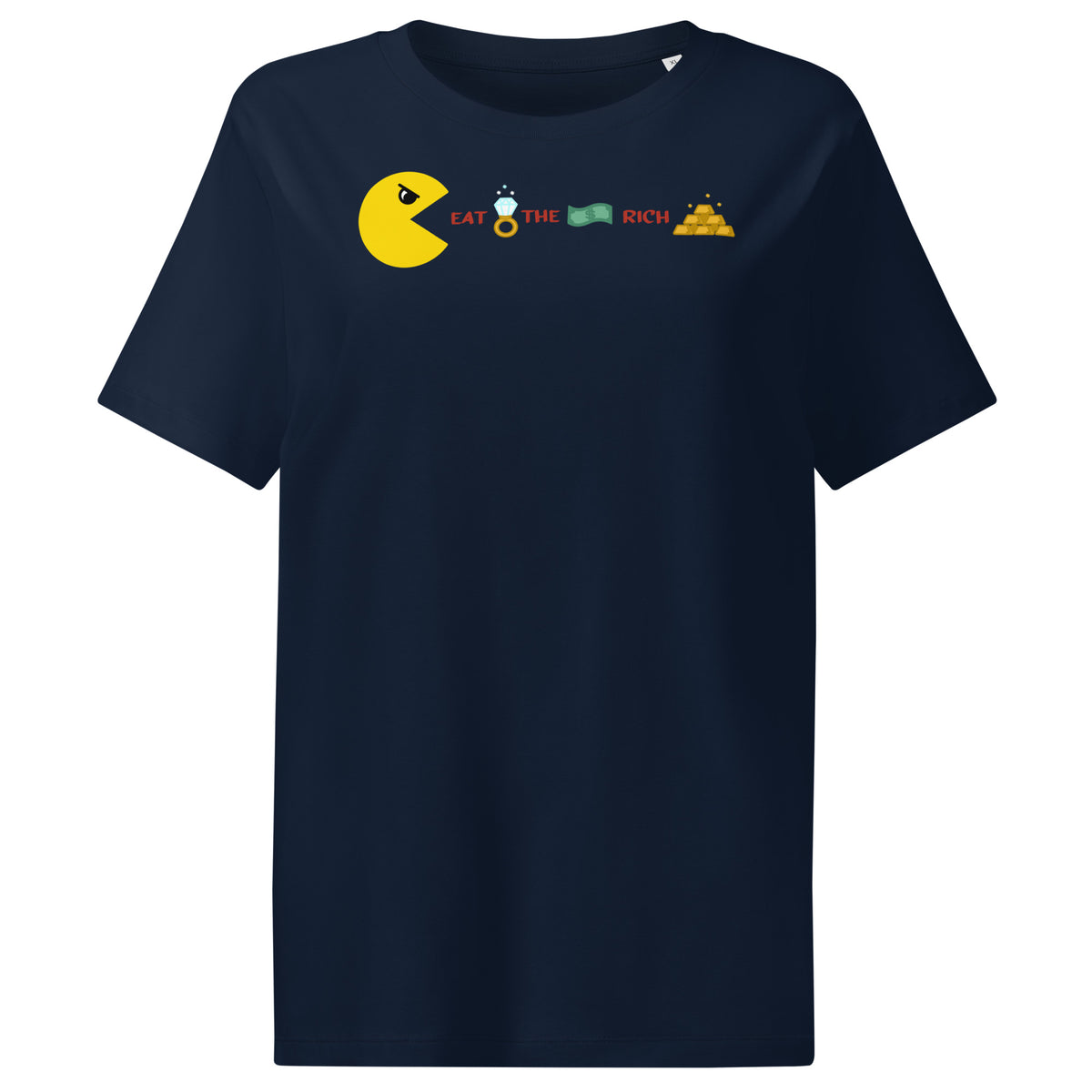 Damen-T-Shirt, dunkelblau, Frontprint mit PAC Man und „EAT THE RICH“