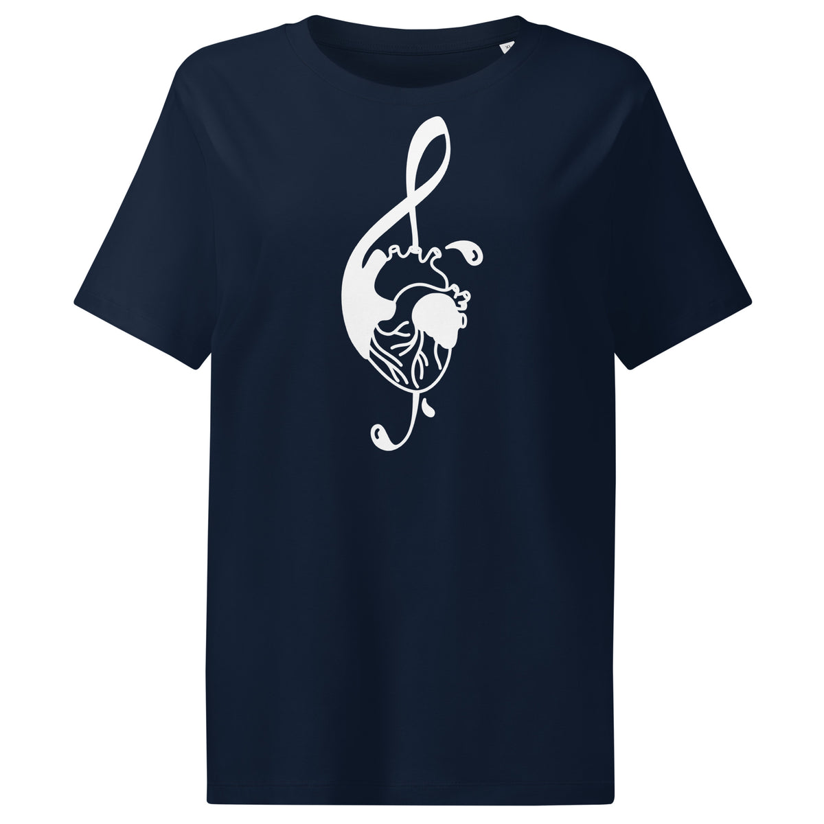 Dunkelblaues Damen-T-Shirt mit weißem Musiknoten-Katzenkopf-Print