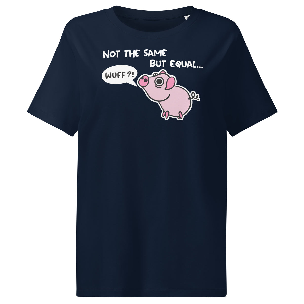 Dunkelblaues Damen-T-Shirt mit Rundhalsausschnitt und Ferkel-Comic-Print auf der Brust