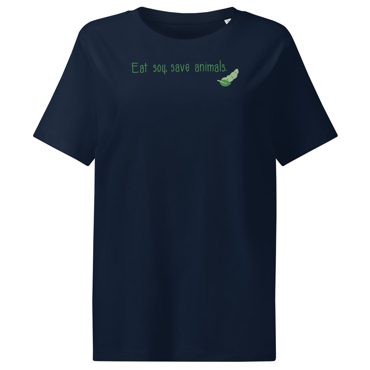Dunkelblaues Damen-T-Shirt mit Rundhalsausschnitt und grünem Schriftaufdruck „Eat soy save animals“