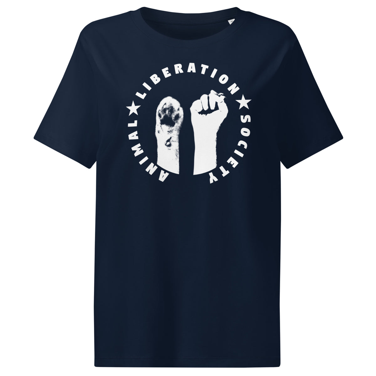 Dunkelblaues Damen-T-Shirt mit Tier- und Fäuste-Aufdruck im Kreis