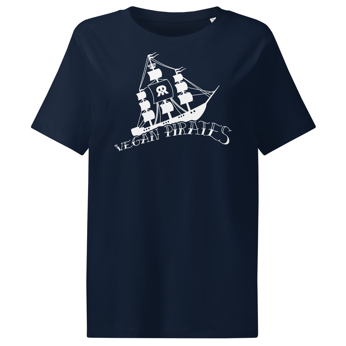 Dunkelblaues Damen-T-Shirt mit Piratengrafik und Schriftzug „Vegan Pirates“