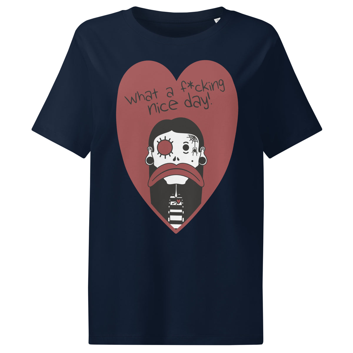 Damen-T-Shirt in French Navy mit Front-Print: rotes Dreieck mit Gesicht und Textgrafik