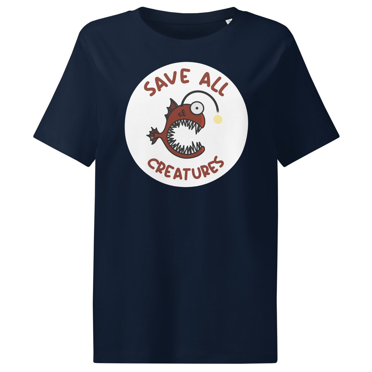 Dunkelblaues Damen-T-Shirt: Froschfisch-Print im Kreis, „Save All Creatures“