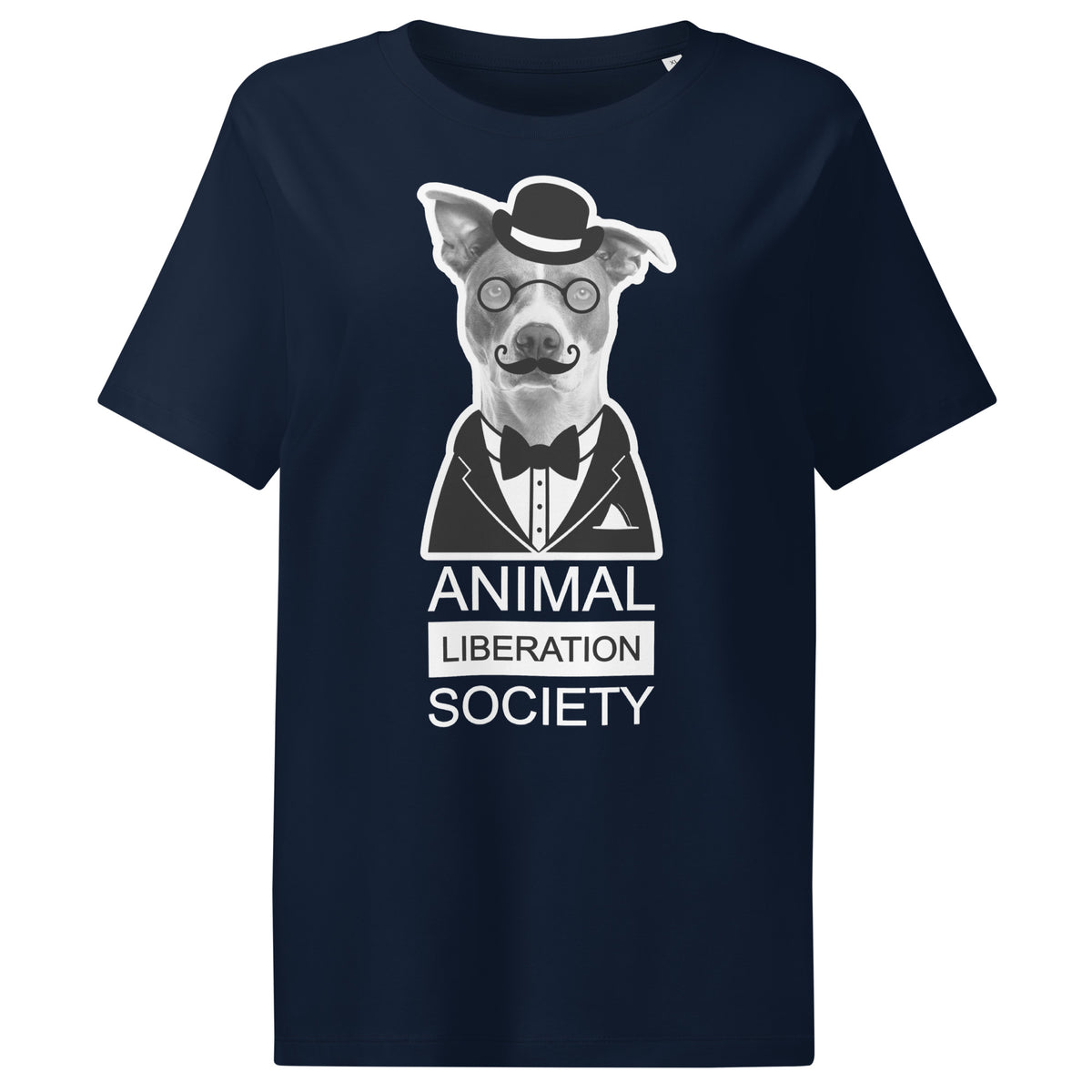 Dunkelblaues Damen-T-Shirt mit Mr. Dog-Motiv und Schriftzug „Animal Liberation Society“