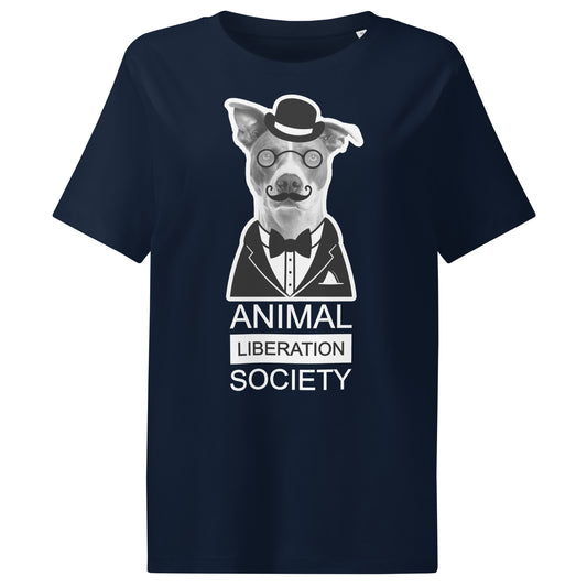 Dunkelblaues Damen-T-Shirt mit Mr. Dog-Motiv und Schriftzug „Animal Liberation Society“