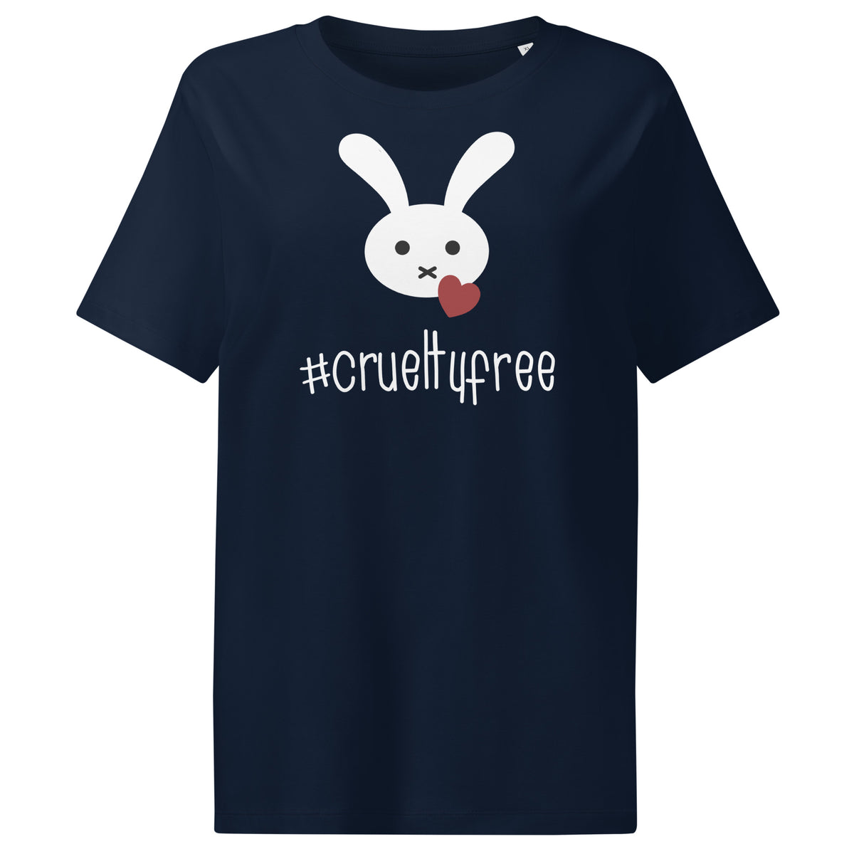 Dunkelblaues Damen-T-Shirt mit Hase-Motiv und Schriftzug #crueltyfree im Vorderdruck