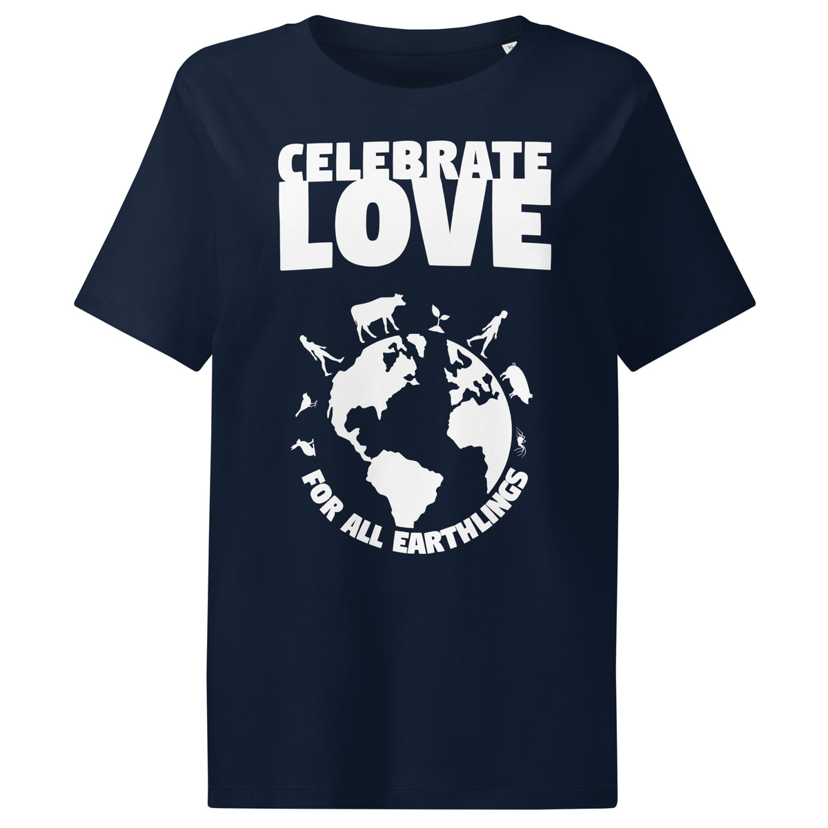 Damen-T-Shirt in Dunkelblau mit „CELEBRATE LOVE“-Weltmotiv, Rundhalsausschnitt