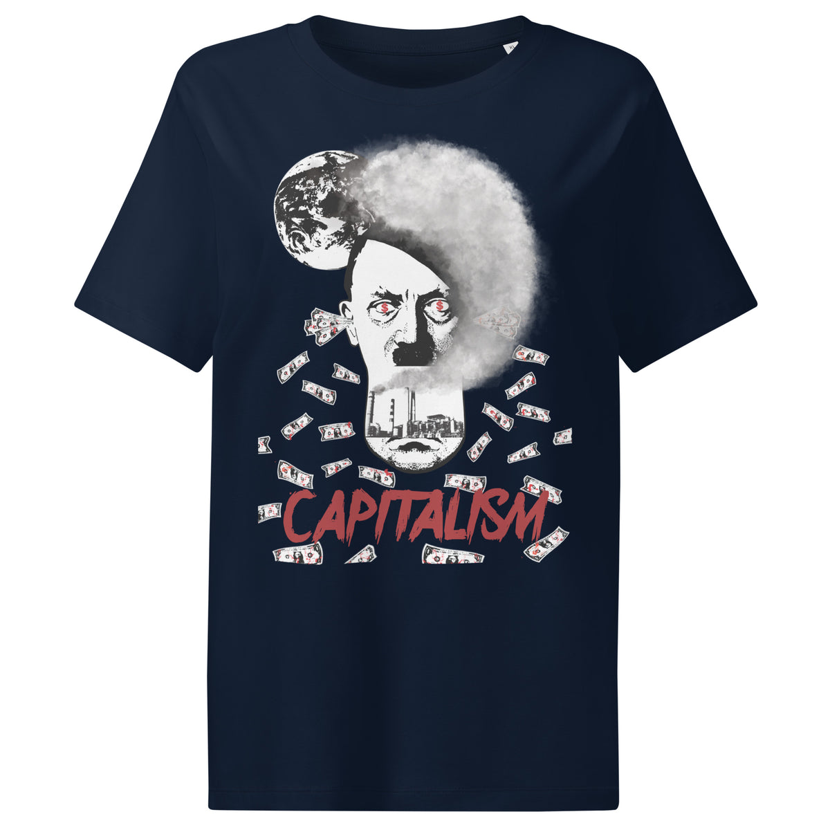 Damen-T-Shirt in Dunkelblau mit Frontaufdruck „CAPITALISM“ und Porträtgrafik
