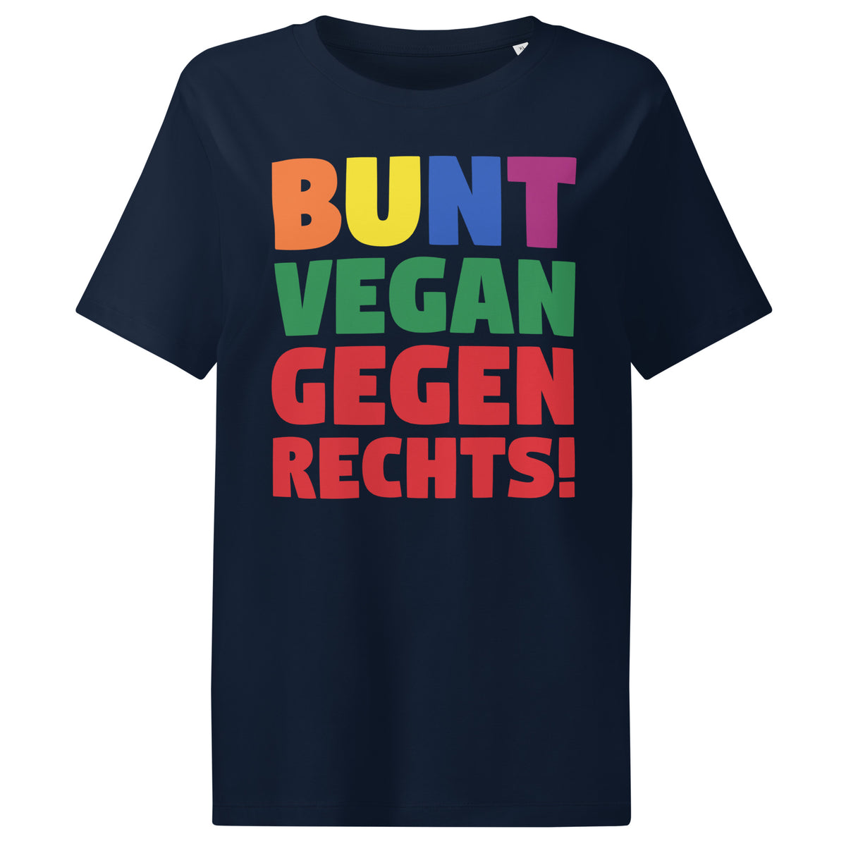Damen-T-Shirt French Navy mit großem Aufdruck „BUNT VEGAN GEGEN RECHTS!“