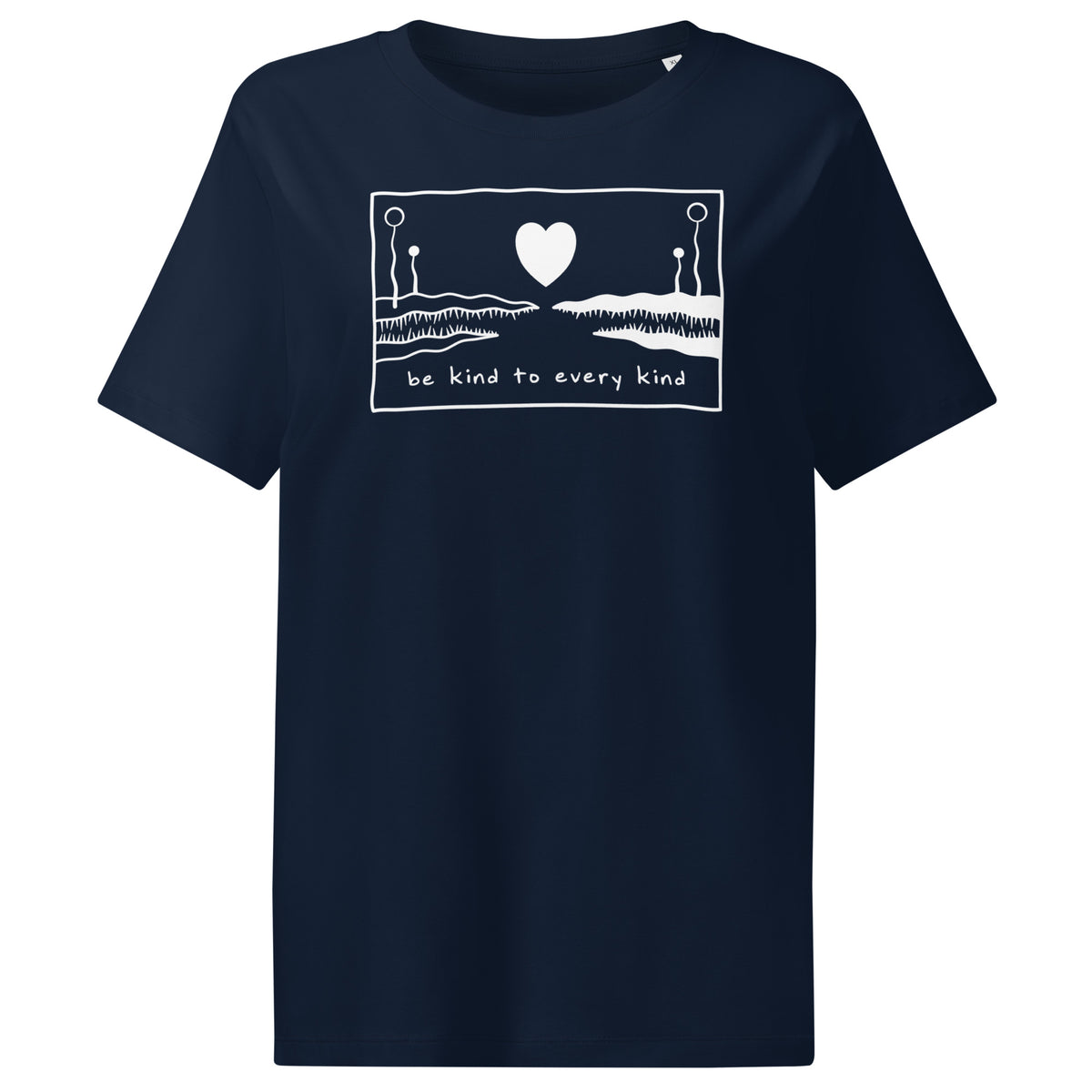 Damen-T-Shirt in Dunkelblau mit Frontmotiv und Schriftzug „Be kind to every kind“