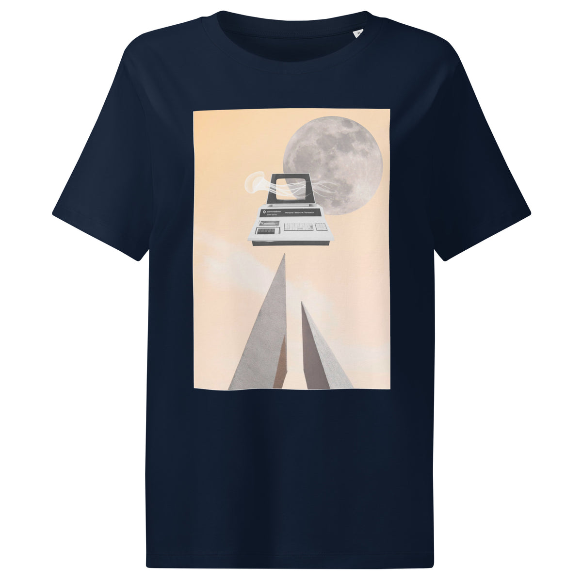 Damen-T-Shirt in Dunkelblau mit großem quadratischem Grafikdruck auf der Brust