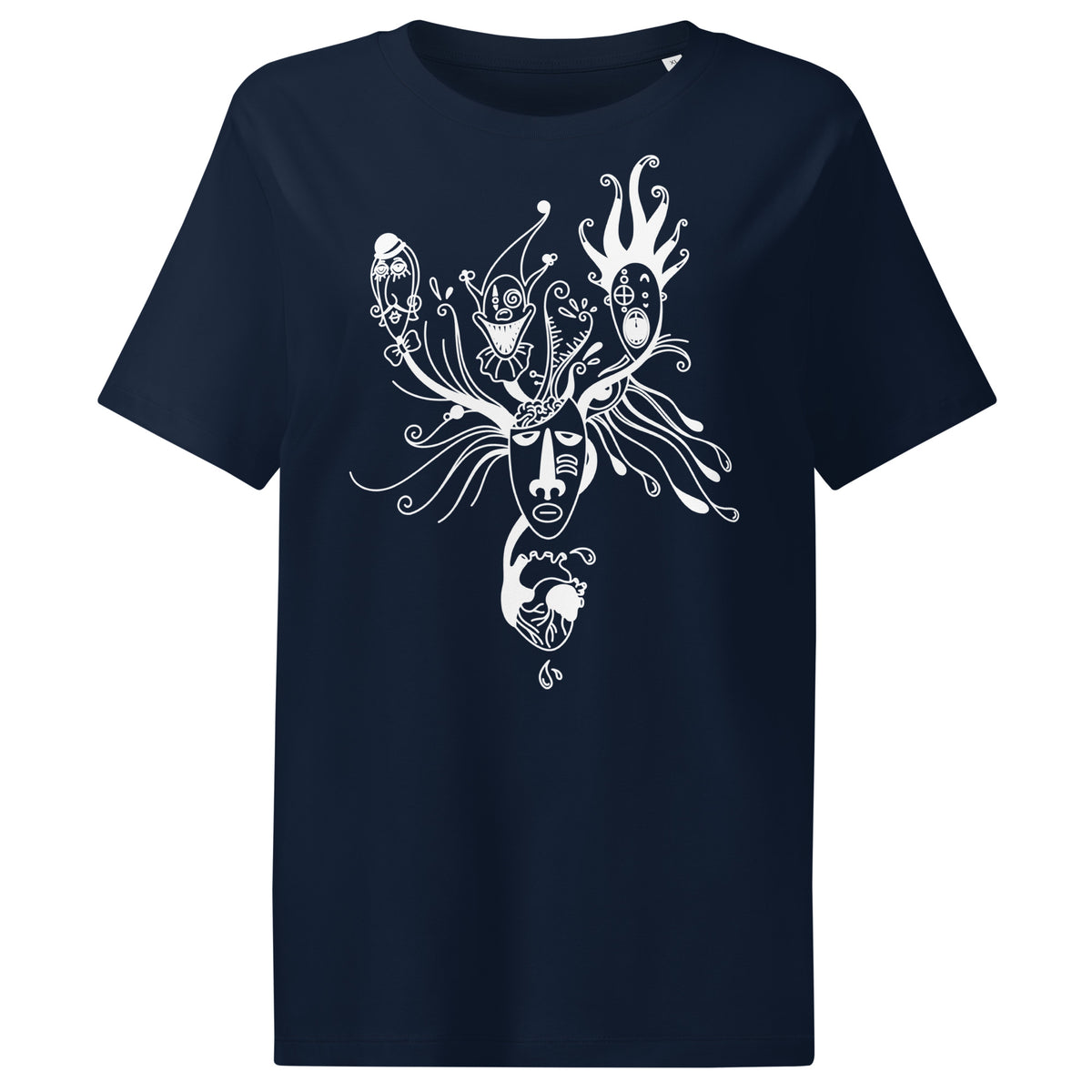 Dunkelblaues Damen-T-Shirt mit weißem Ornamentdruck „Behind the Mask“
