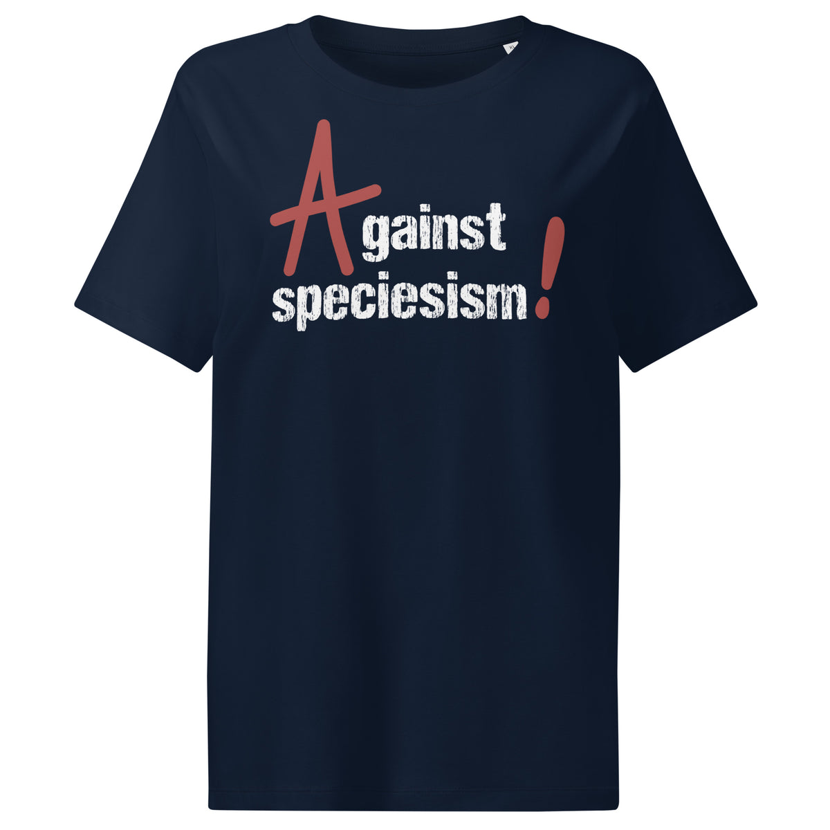 Dunkelblaues Damen-T-Shirt mit Frontprint „Against speciesism!“