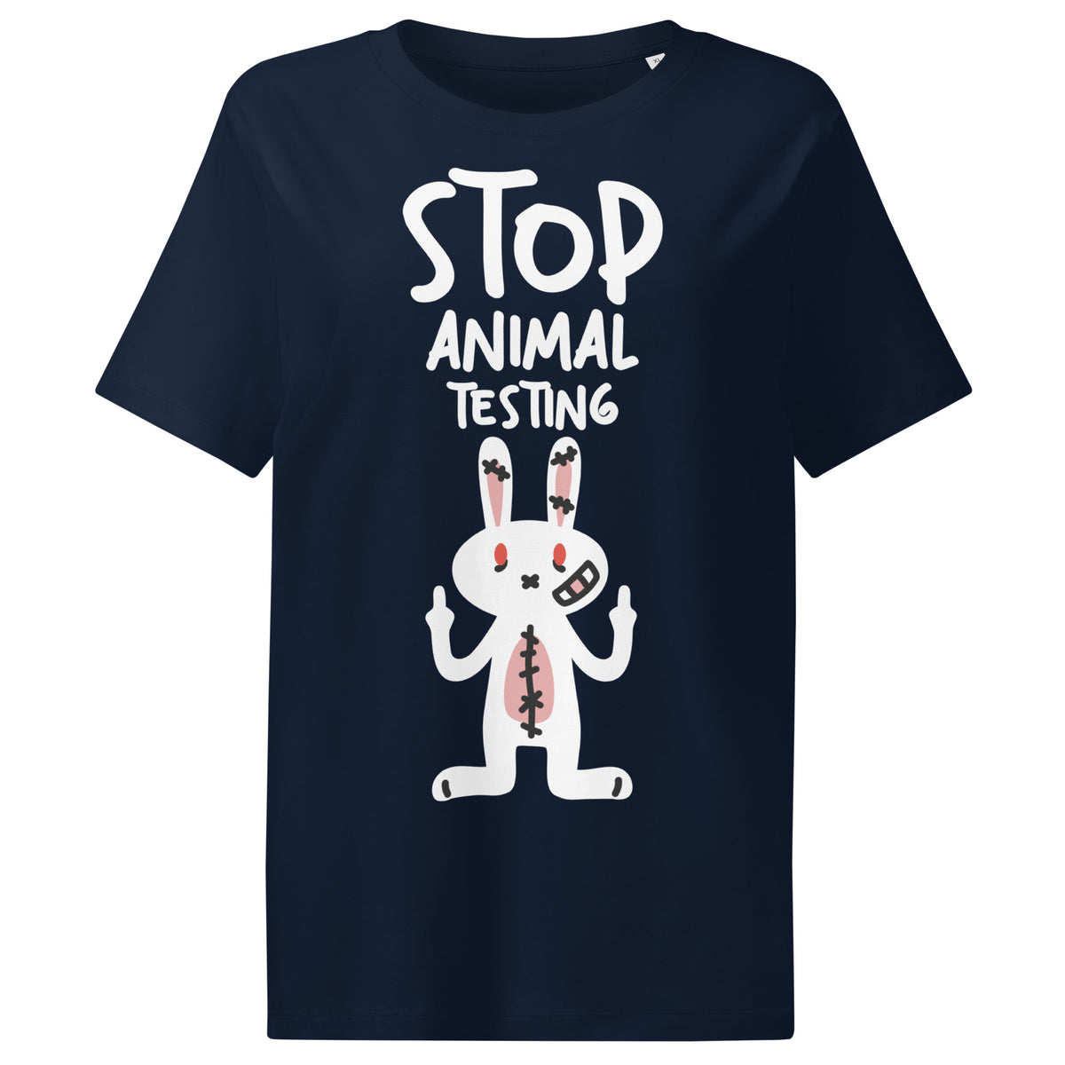 Damen-T-Shirt in Dunkelblau mit weißem Aufdruck „STOP ANIMAL TESTING“ und Hase