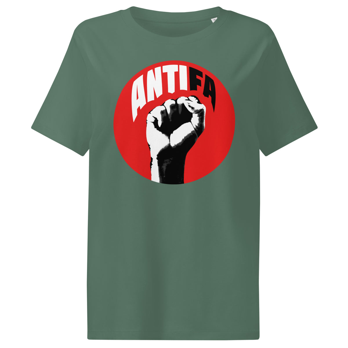 Damen-T-Shirt grün, rundes ANTIFA-Logo mit Faustdruck