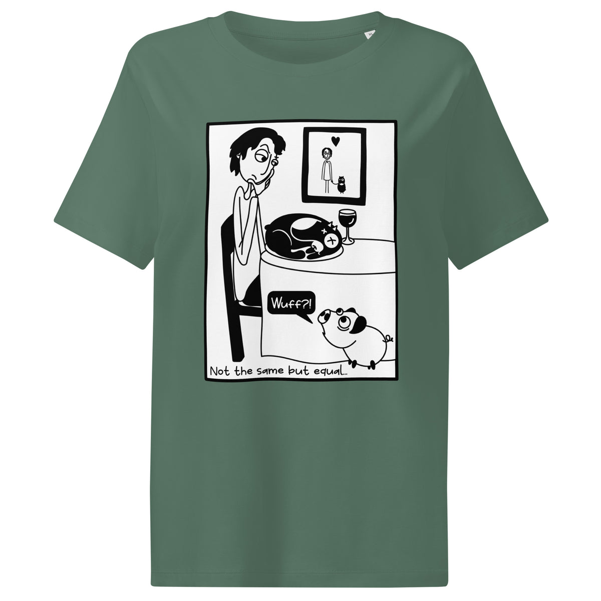 Damen-T-Shirt Olivgrün mit großem Comic-Motiv „Nicht the same but equal“.