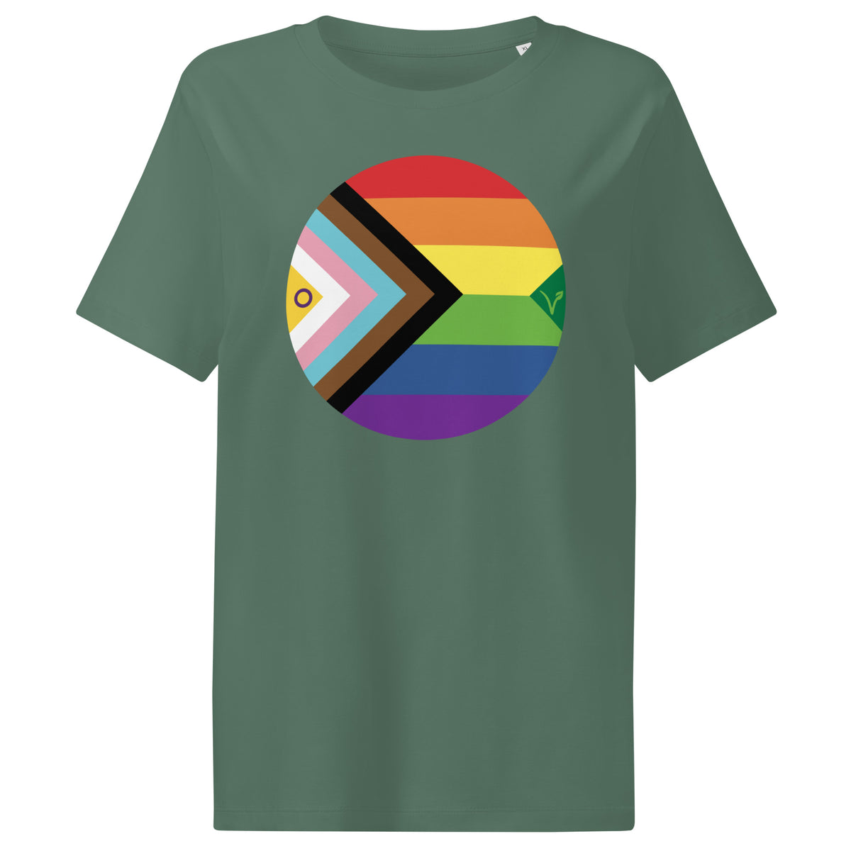 Veganes Bio Damen-T-Shirt, grün, mit großem rundem Regenbogen-Brustmotiv