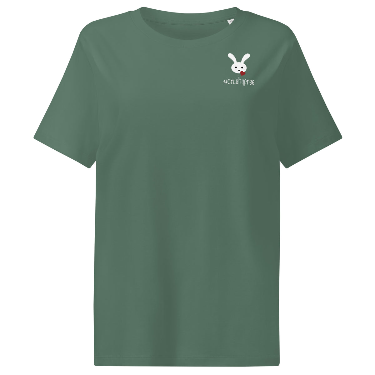 Damen-T‑Shirt dunkelgrün mit Hasen-Logo und Hashtag-Aufdruck auf der Brust