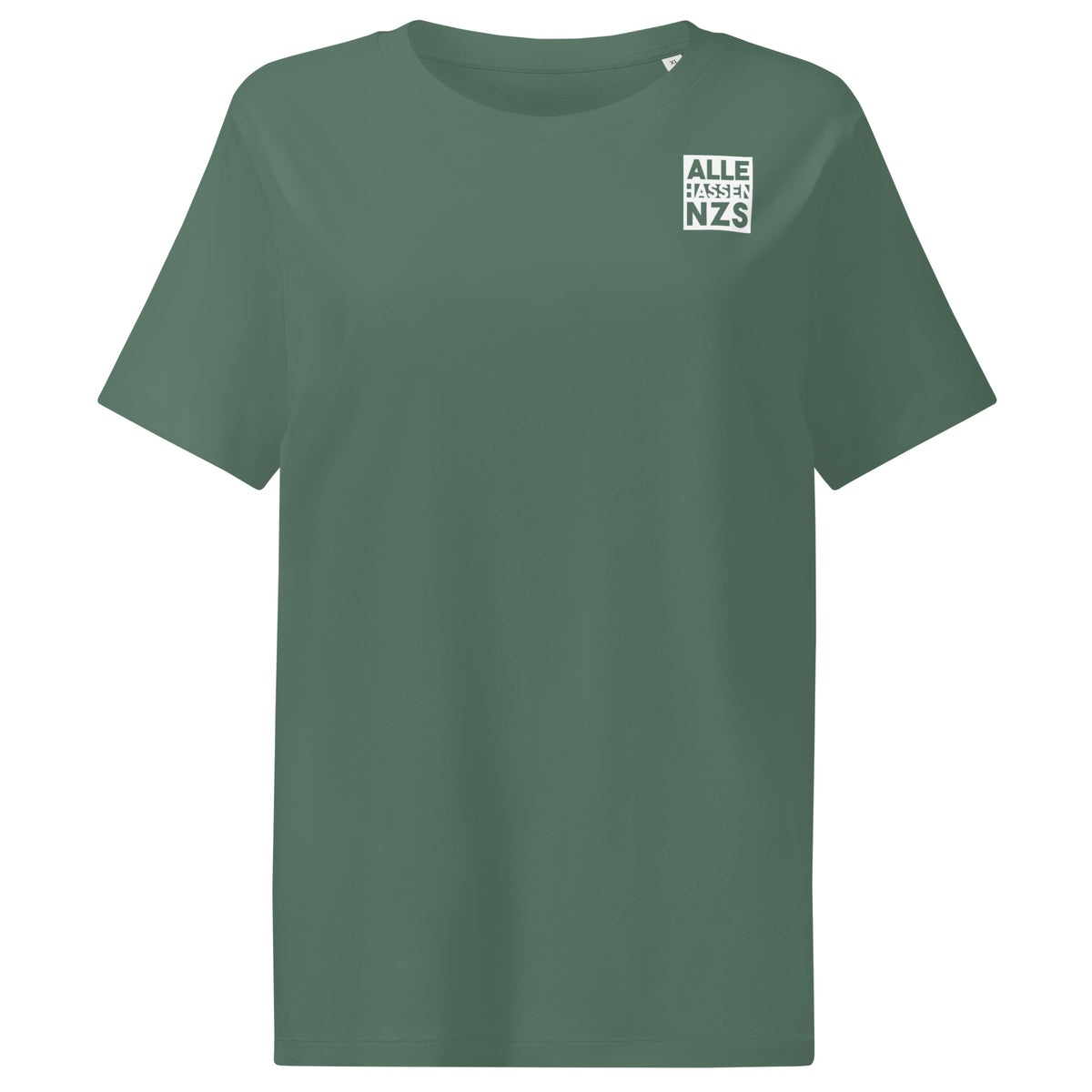 Damen-T-Shirt aus grünem Stoff mit Rundhalsausschnitt und kleinem Brustaufdruck
