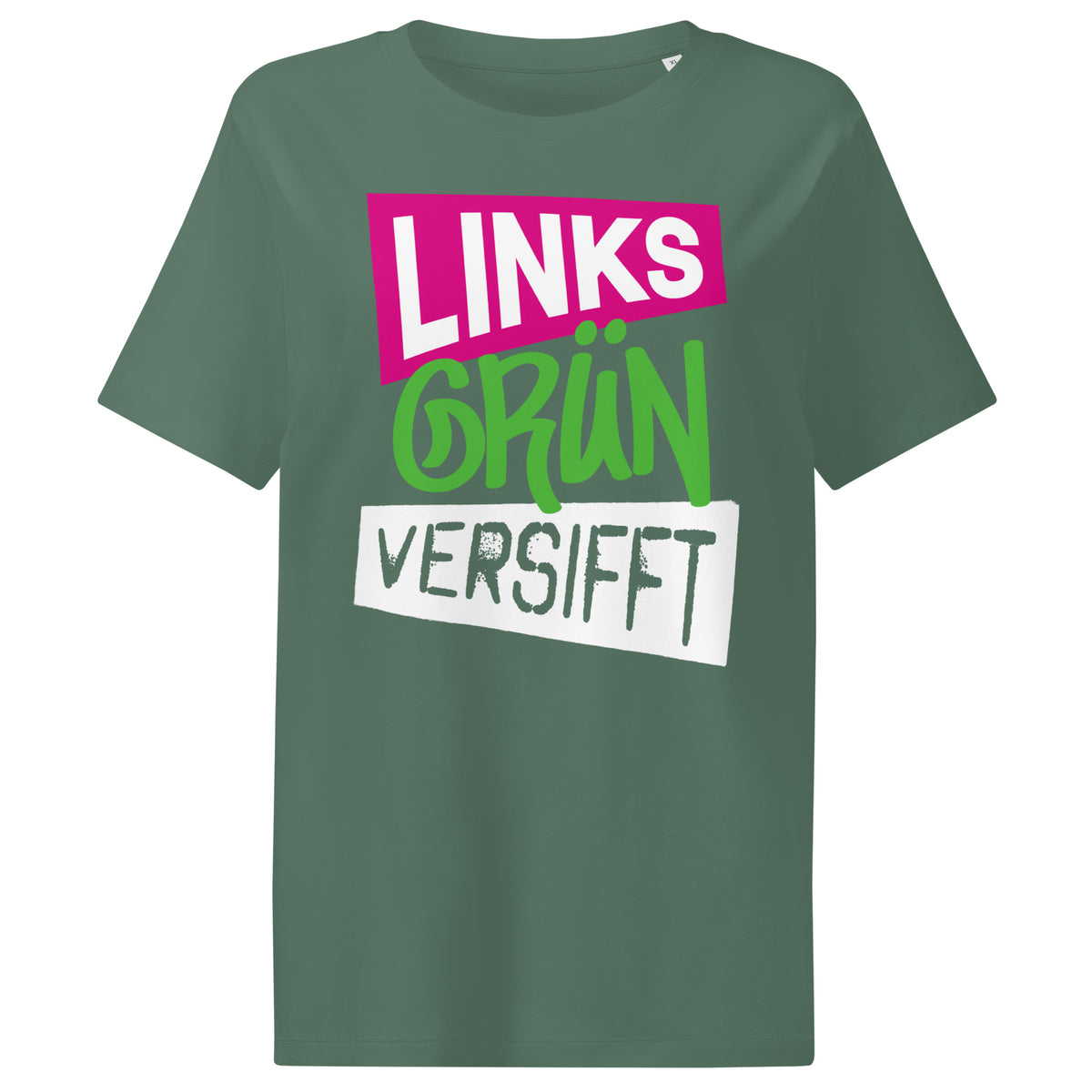 Damen-T-Shirt grün mit mehrfarbigem „LINKS GRÜN VERSIFFT“-Print