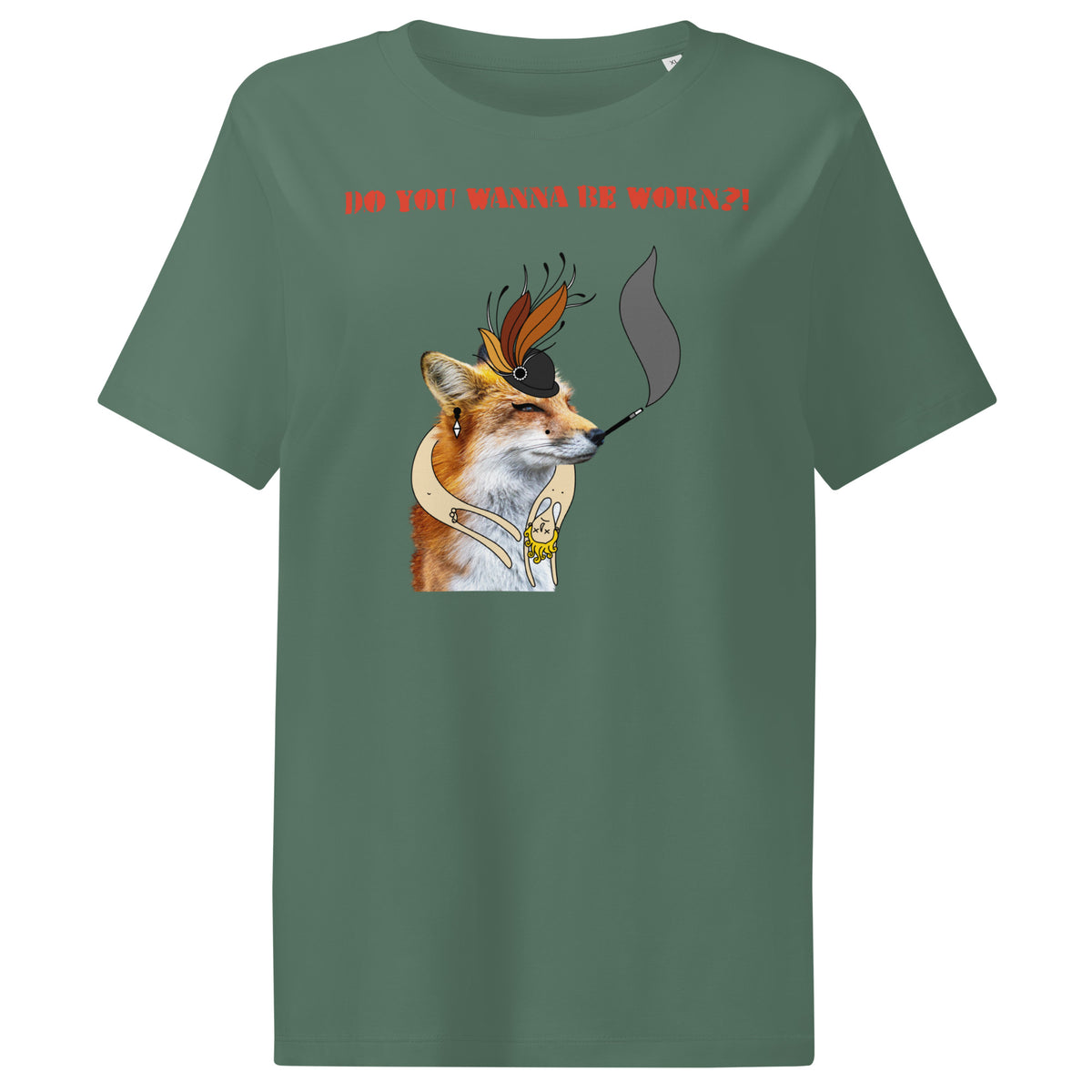 Dunkelgrünes Damen-T-Shirt mit Fuchs-Comicprint und „DO YOU WANNA BE WORN?!“