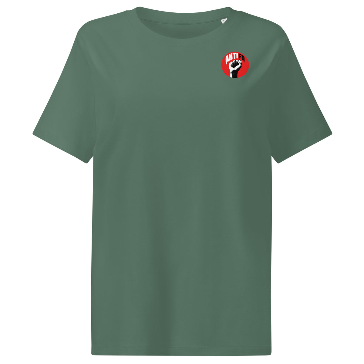 Damen-T-Shirt, grün, Rundhalsausschnitt, kleiner ANTIFA-Aufnäher vorn