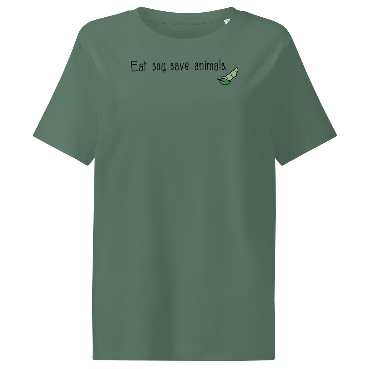 Dunkelgrünes Damen-T-Shirt mit Aufdruck „Eat soy, save animals“ und grünem Schildkröten-Icon