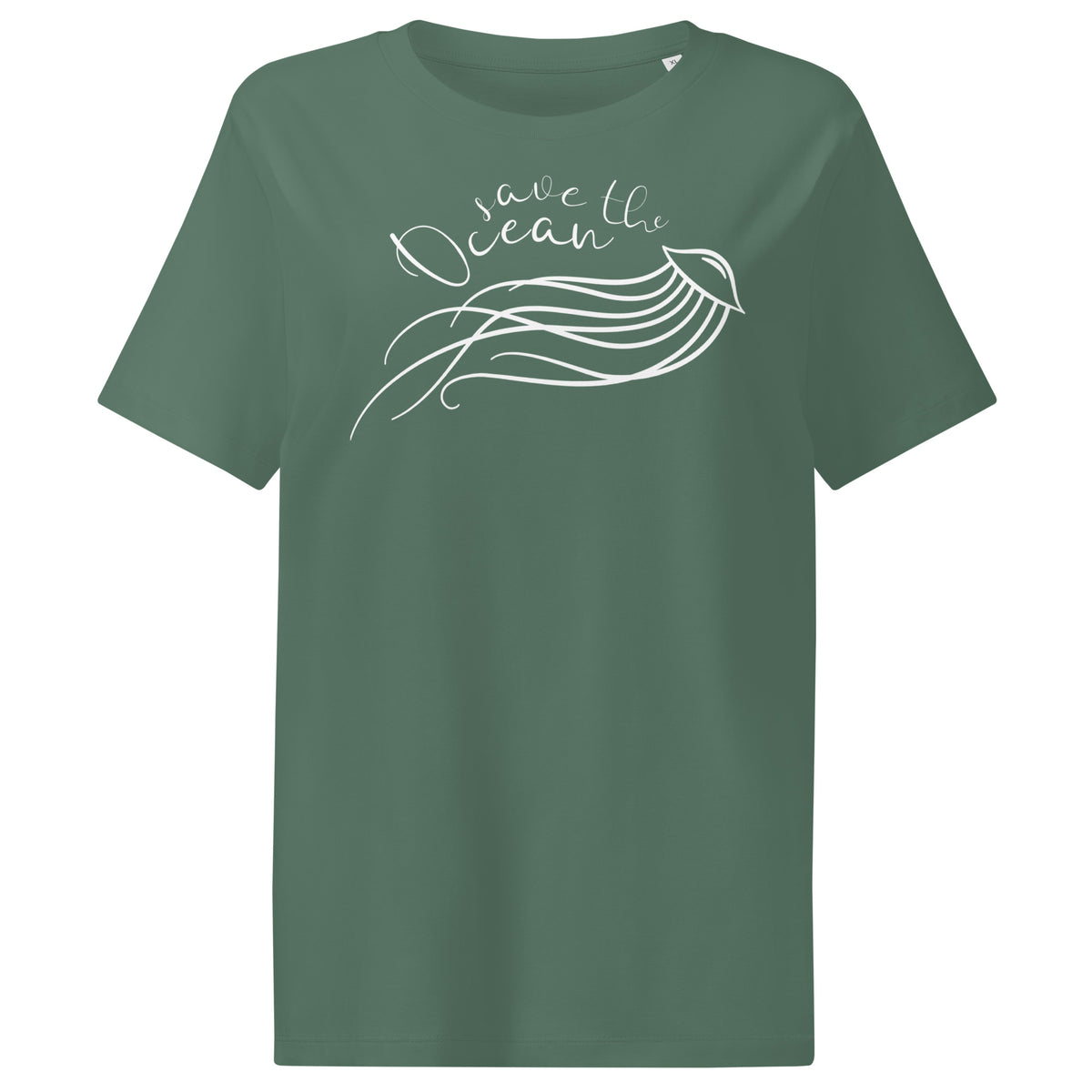 Dunkelgrünes Damen-T-Shirt mit Rundhalsausschnitt und weißem Qualle-Ozean-Print